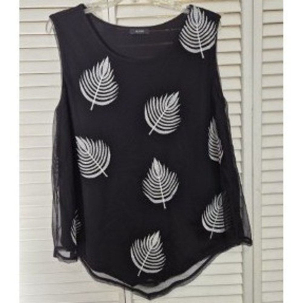 Alfani Womens Black White Embroidered Leaf Mesh Overlay Sleeveless Blouse Top L